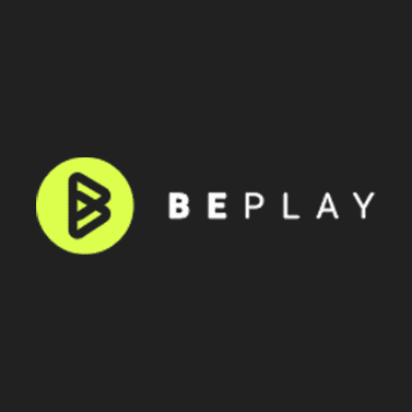 Fundo preto. Logo da Beplay com círculo verde, dois triângulos pretos formando um B, texto em escrito na cor branca.