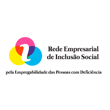 Fundo branco. Logo da Rede Empresarial de Inclusão Social nas cores rosa, amarelo, azul e cor da letra preta.