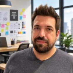 Heron Maturana Jr, homem branco de cabelos castanhos e barba, vestindo camiseta cinza, em um escritório.